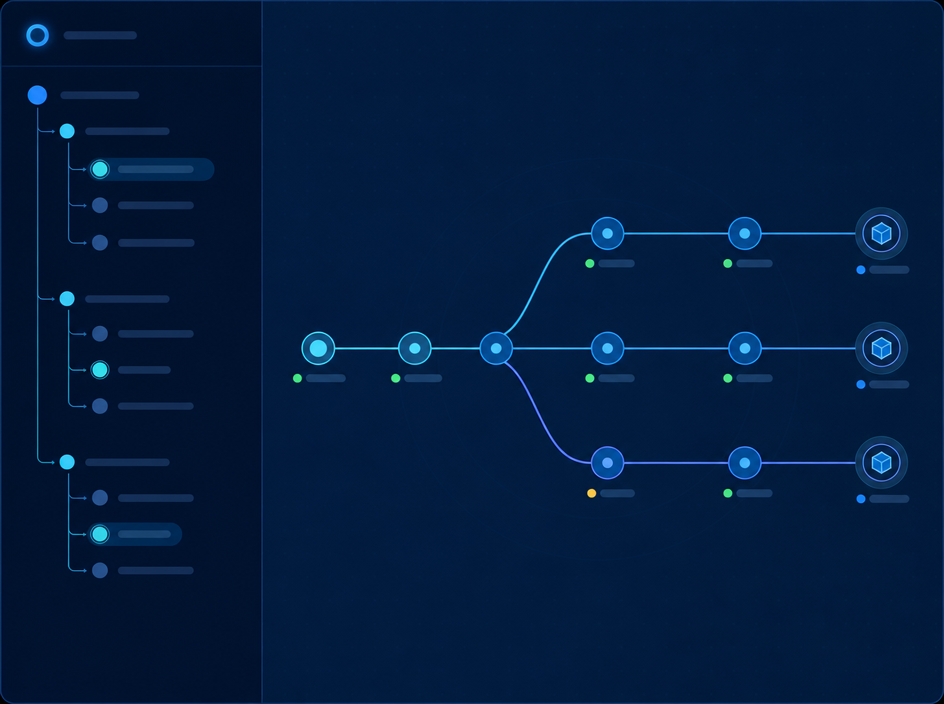 Visualização abstrata do pipeline de firmware com versões e dispositivos conectados
